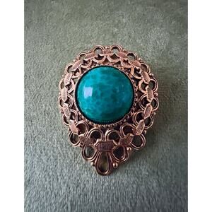 Signed Lieba Vintage Faux Turquoise Shoe Clip Brooch Gold Filigree 1970s